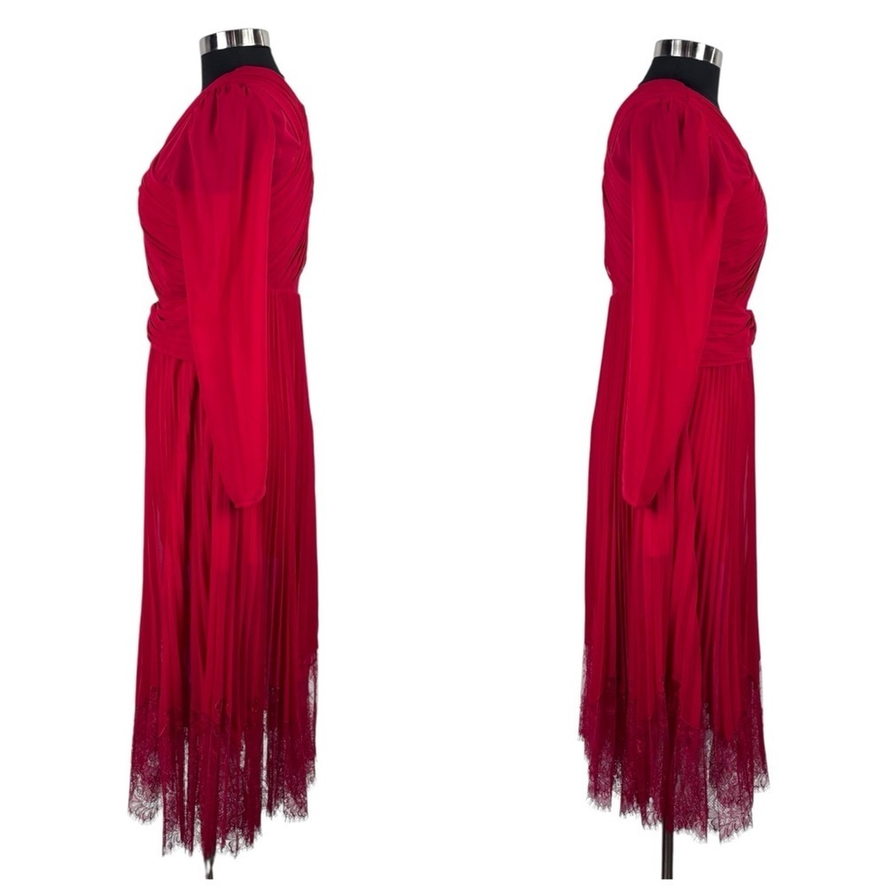 SELF PORTRAIT DARK RED CROSS FRONT LONG SLEEVE PLEATED SKIRT LACE MIDI DRESS - Picture 7 of 15